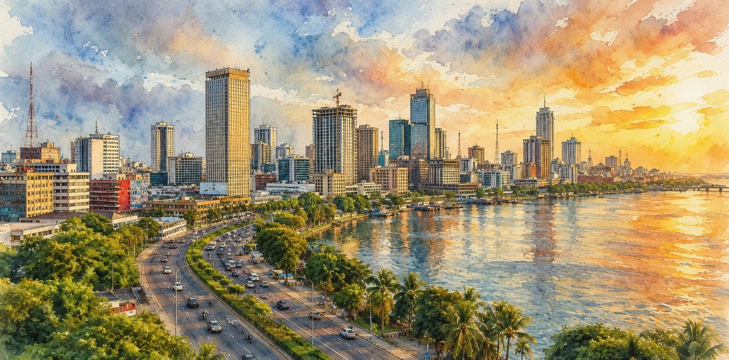 Vue peinte d'une ville africaine contemporaine en bord de lagune, avec ses tours, son boulevard et sa circulation au couchant
