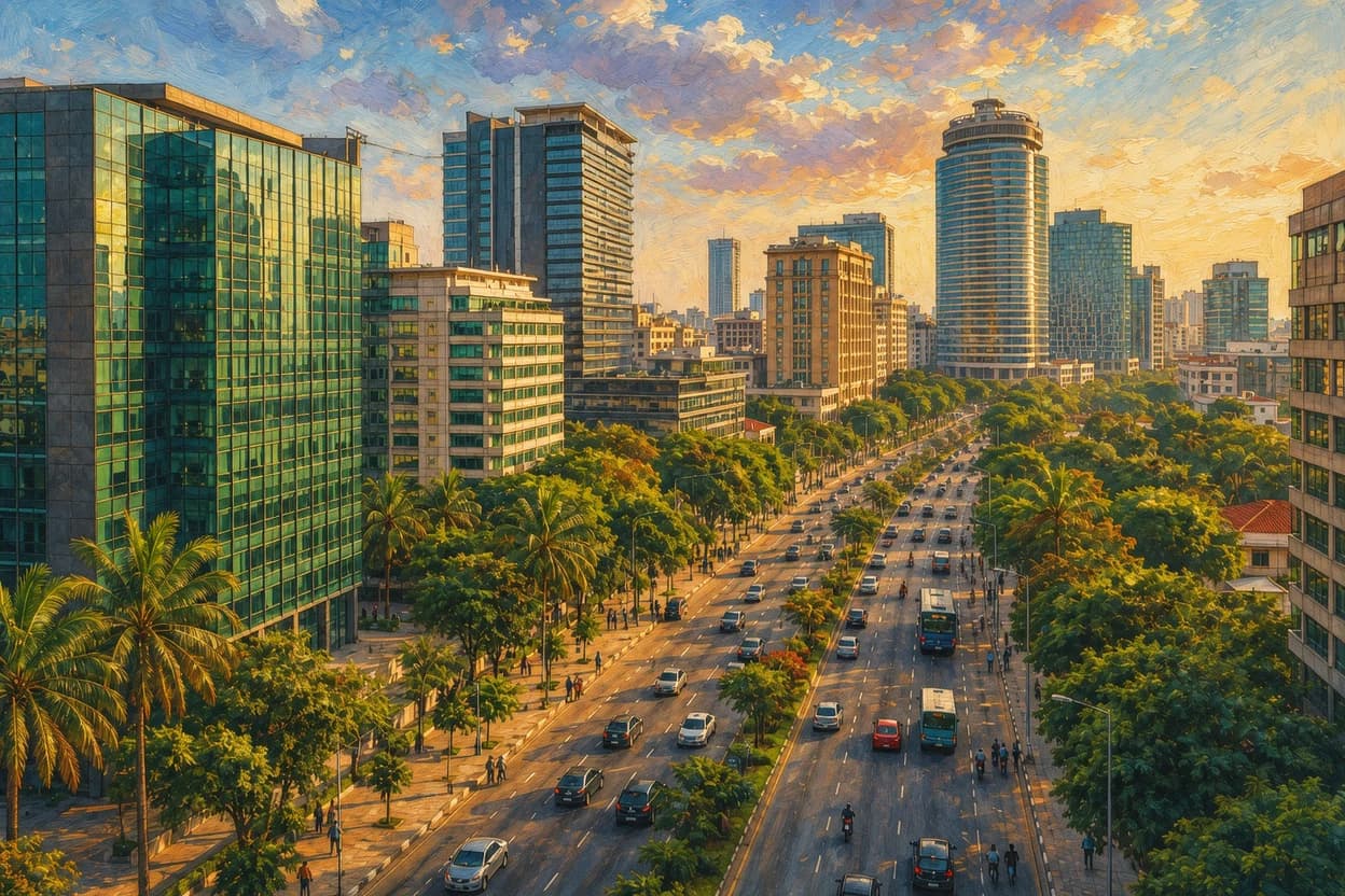 Vue peinte d'un boulevard urbain africain borde d'immeubles de bureaux et d'arbres, avec une circulation dense