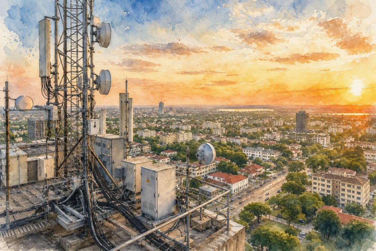 Vue peinte d'un pylone de telecommunications equipe d'antennes et de paraboles, dominant une ville au couchant