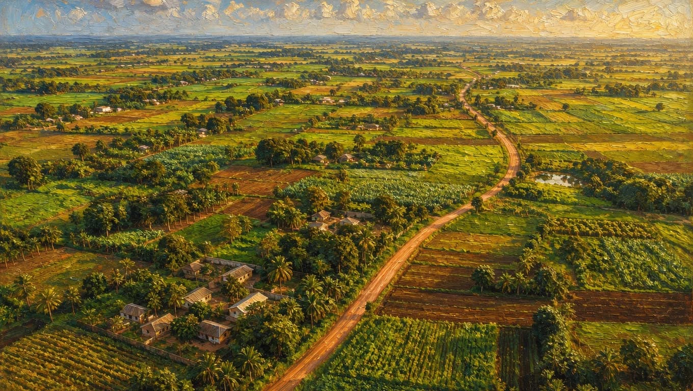 Vue peinte aerienne de territoires agricoles : parcelles cultivees, hameaux et piste de terre traversant la plaine