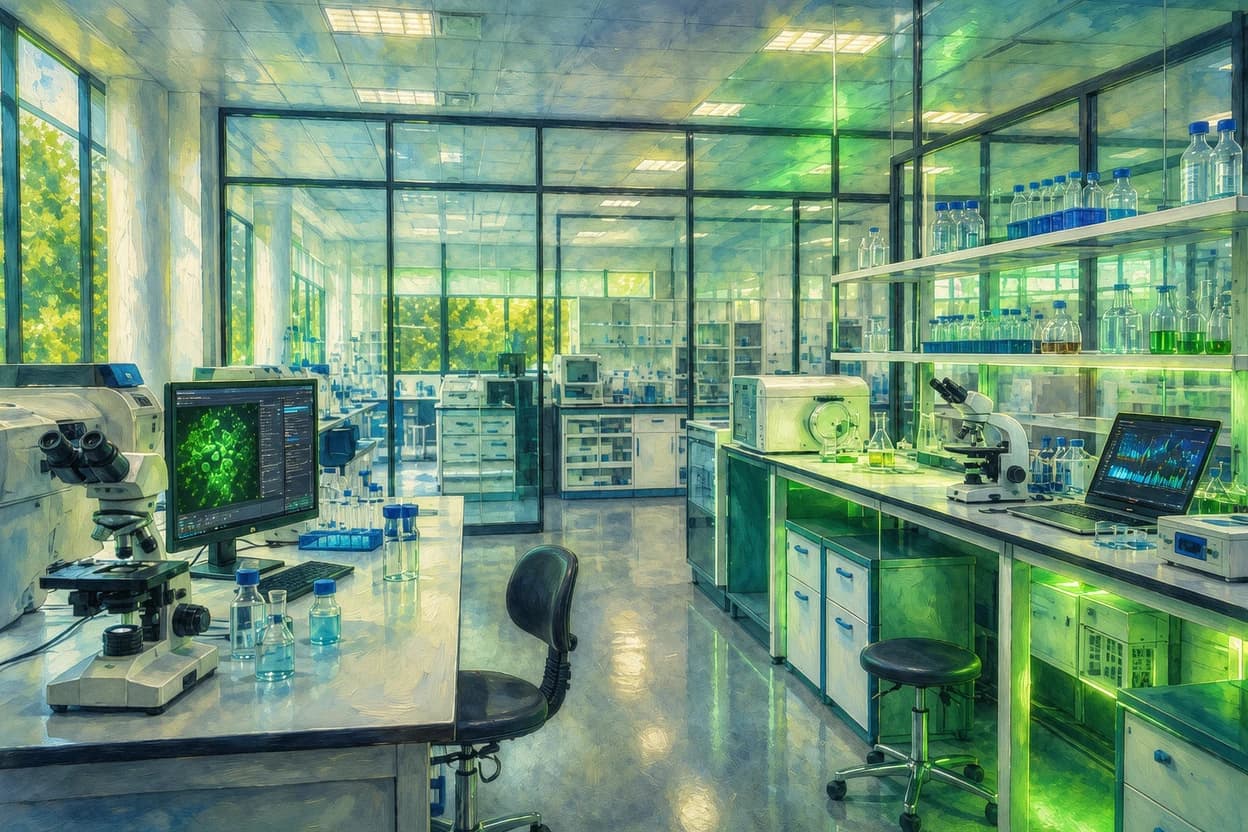 Vue peinte d'un laboratoire de recherche : paillasses, microscopes, verrerie et ecrans d'analyse